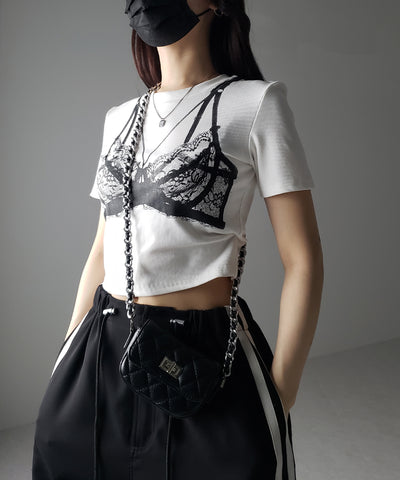 【 ３color 】レースランジェリー半袖クロップドＴ ／ lace lingerie short sleeve cropped T