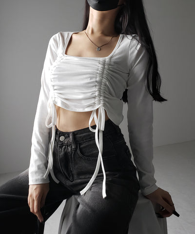 【 ３color 】 ダブルシャーリングリボンスクエアネックトップス ／ double shirring ribbon square neck tops