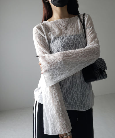 【 ２color 】ワイドスリーブオーバーシアーレーストップス ／ wide sleeve over sheer lace tops