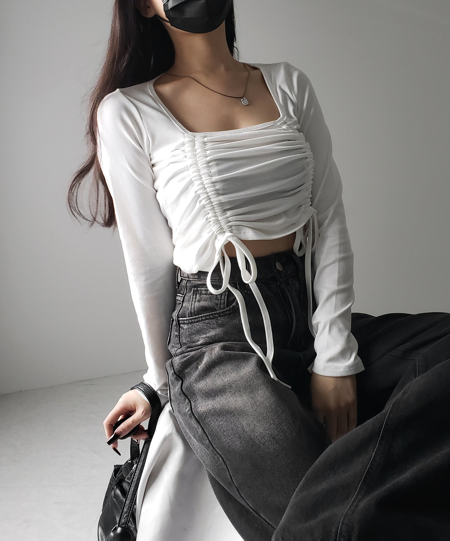 【 ３color 】 ダブルシャーリングリボンスクエアネックトップス ／ double shirring ribbon square neck tops