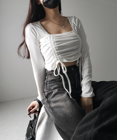 【 ３color 】 ダブルシャーリングリボンスクエアネックトップス ／ double shirring ribbon square neck tops