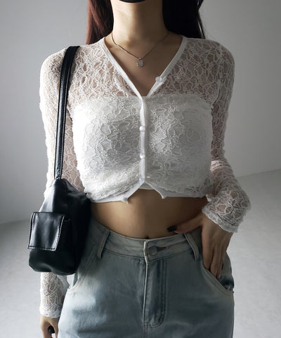 【 ２color 】フロントボタンショートレースカーディガン ／ front button short lace cardigan