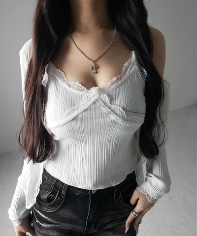 【 ２点セット 】レースドッキングリブキャミソール ＋ カーディガンセット ／ lace docking lib camisole + cardigan SET