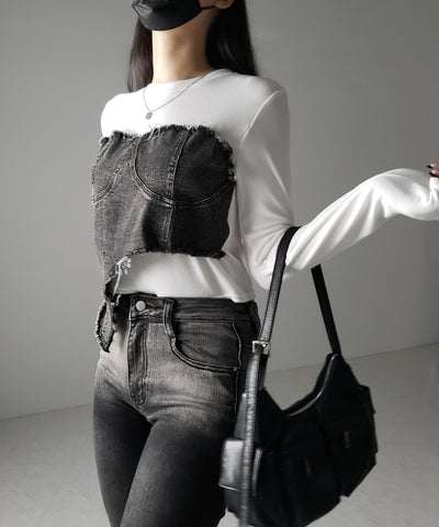 【 ２color 】ダメージデニムビスチェドッキングＴシャツ ／ damage denim bustier docking Tee