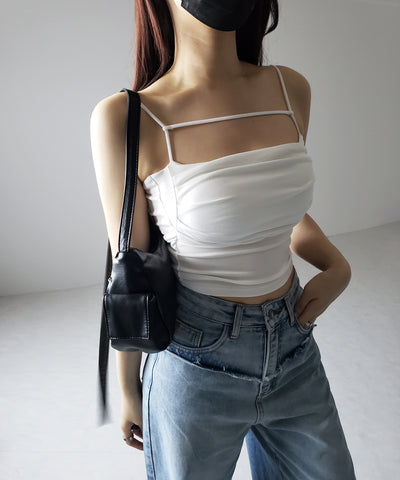 【 カップ付き／２WAY 】ラインストラップタックショートキャミソール ／ line strap tuck short camisole