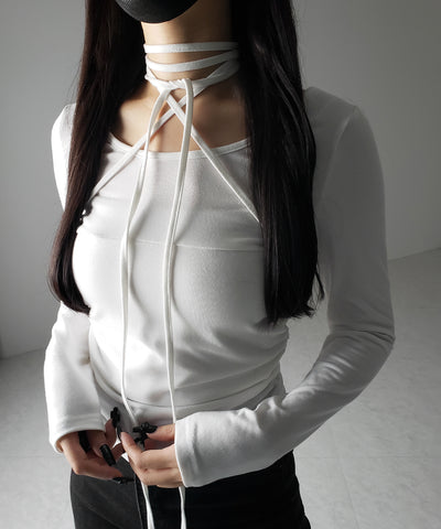 【 ３color 】クロスストラップロングチョーカーリボントップス ／ cross strap long choker ribbon tops