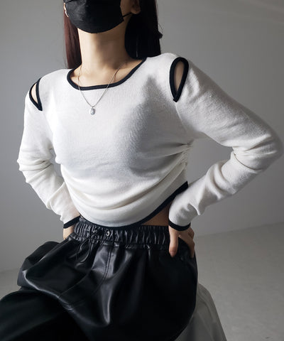 【 ４color 】パイピングカットアウトサイドリボンニットトップス