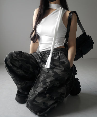 【 ３color ／ カップ付 】チョーカータイアシンメトリーワンショルキャミソール ／ choker tie asymmetry one-shoulder camisole