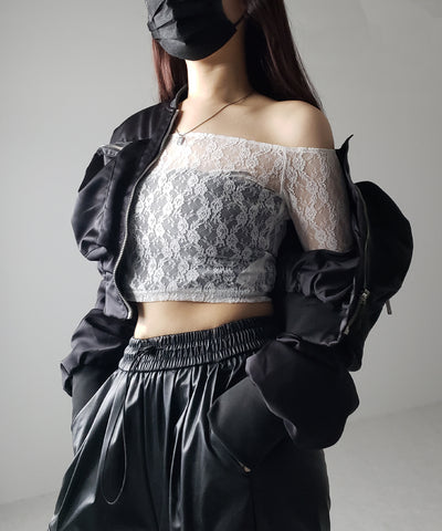 【 ２color 】オフショルショートレーストップス ／ off-shoulder short lace tops