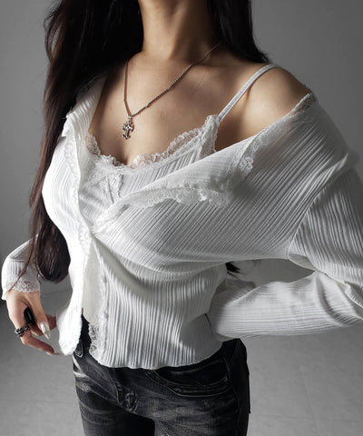 【 ２点セット 】レースドッキングリブキャミソール ＋ カーディガンセット ／ lace docking lib camisole + cardigan SET