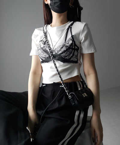 【 ３color 】レースランジェリー半袖クロップドＴ ／ lace lingerie short sleeve cropped T