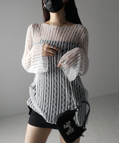 【 ２WAY 】ワンショルワイドスリーブルーズシアートップス ／ one shoulder wide sleeve loose sheer tops