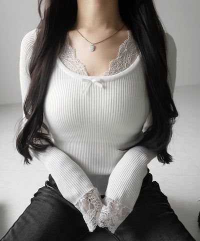 フロントリボンレース切替リブニットトップス ／ front ribbon lace switching ribbed knit tops