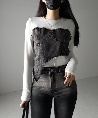 【 ２color 】ダメージデニムビスチェドッキングＴシャツ ／ damage denim bustier docking Tee
