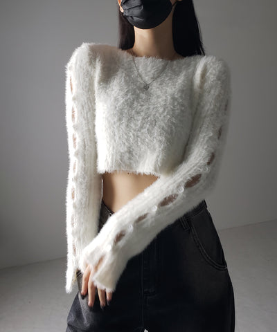 【 ３color 】カットアウトスリットスリーブショートシャギーニット ／ cutout slit sleeve short shaggy knit
