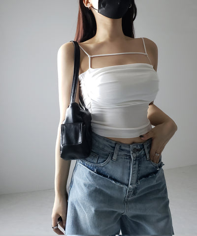 【 カップ付き／２WAY 】ラインストラップタックショートキャミソール ／ line strap tuck short camisole