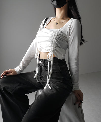 【 ３color 】 ダブルシャーリングリボンスクエアネックトップス ／ double shirring ribbon square neck tops
