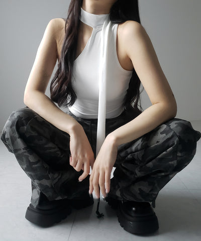 【 ３color ／ カップ付 】チョーカータイアシンメトリーワンショルキャミソール ／ choker tie asymmetry one-shoulder camisole