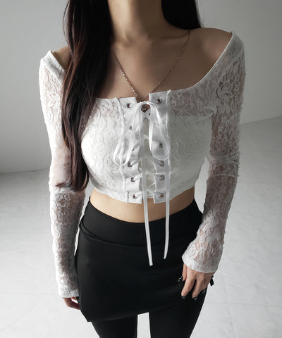 【 ２color 】レースアップコルセットリボンショートレーストップス ／ laceup corset ribbon short lace tops