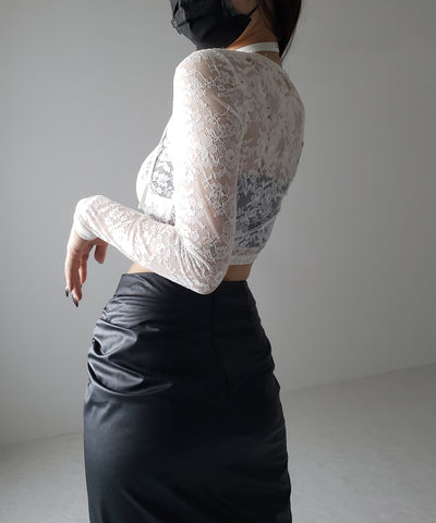【 ２color 】ストラップリボンショートレーストップス ／ strap ribbon short lace tops
