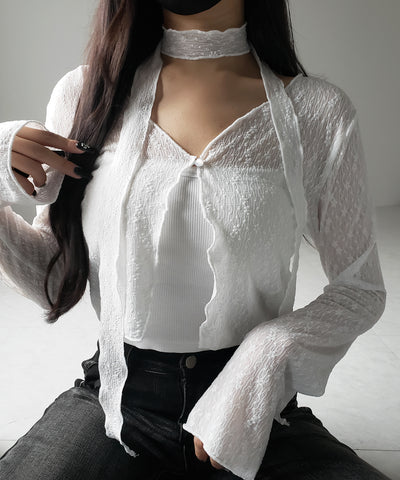 【 ２color ／ ２WAY 】チョーカーロングタイ付きショートシアーカーディガン ／ choker long tie set short sheer cardigan