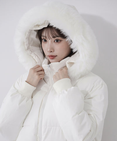 【 フード取り外し可能２ＷＡＹ 】フェイクファーフードショート中綿ジャケット ／ 2WAY fake fur hoodie short fake down jacket