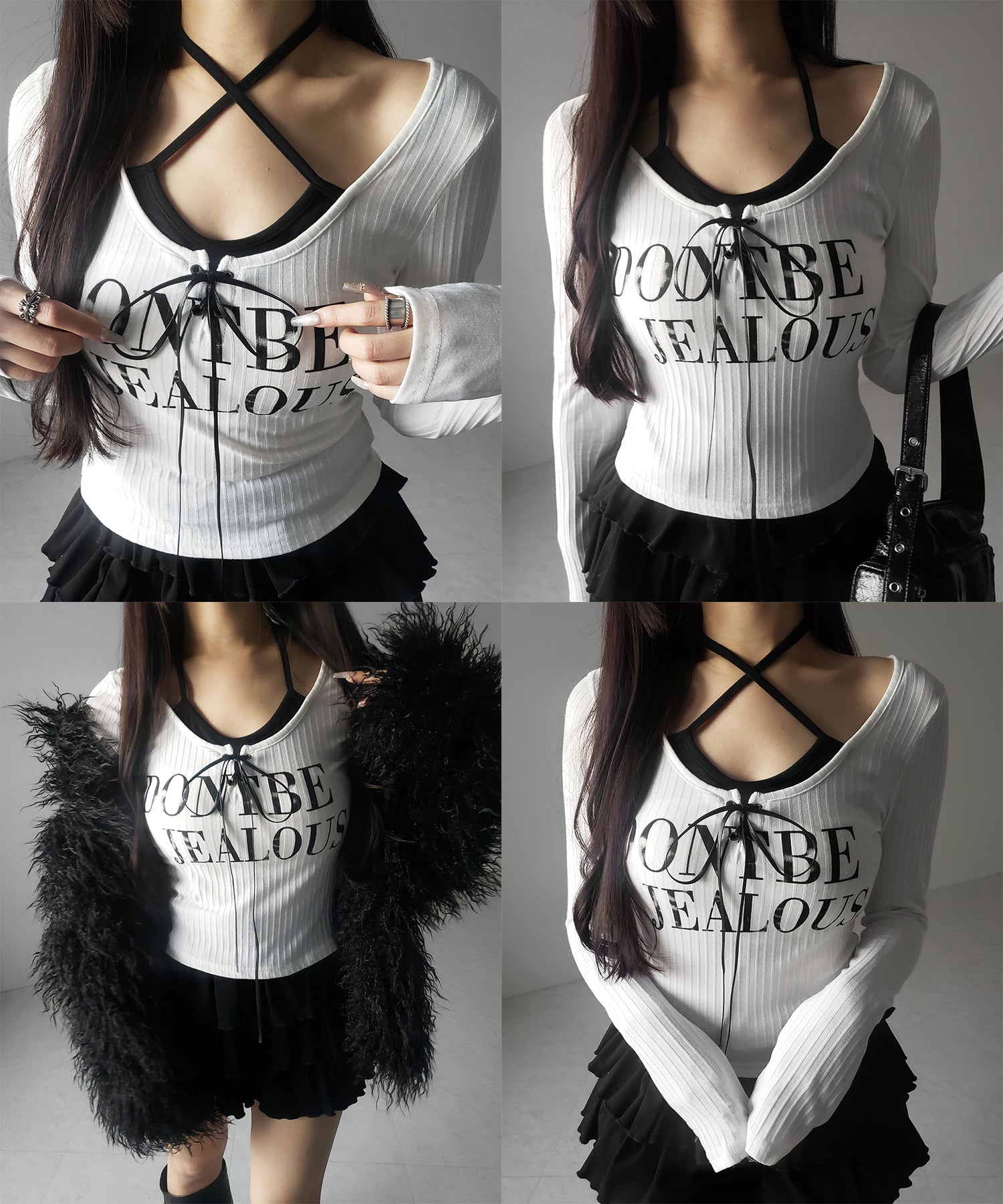 【 クロスネックにできる２WAY 】レースアップフェイクレイヤードロゴカットソートップス ／ laceup fake layered logo cutsew tops