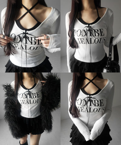 【 クロスネックにできる２WAY 】レースアップフェイクレイヤードロゴカットソートップス ／ laceup fake layered logo cutsew tops