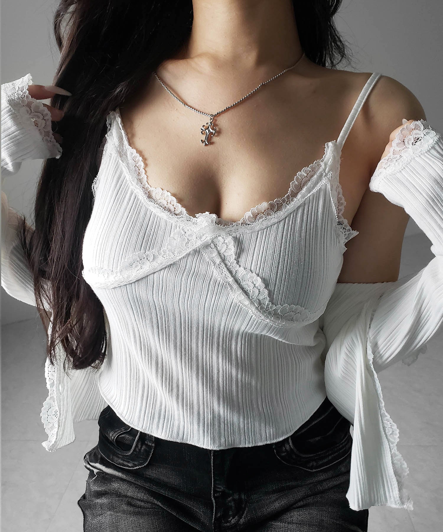 【 ２点セット 】レースドッキングリブキャミソール ＋ カーディガンセット ／ lace docking lib camisole + cardigan SET