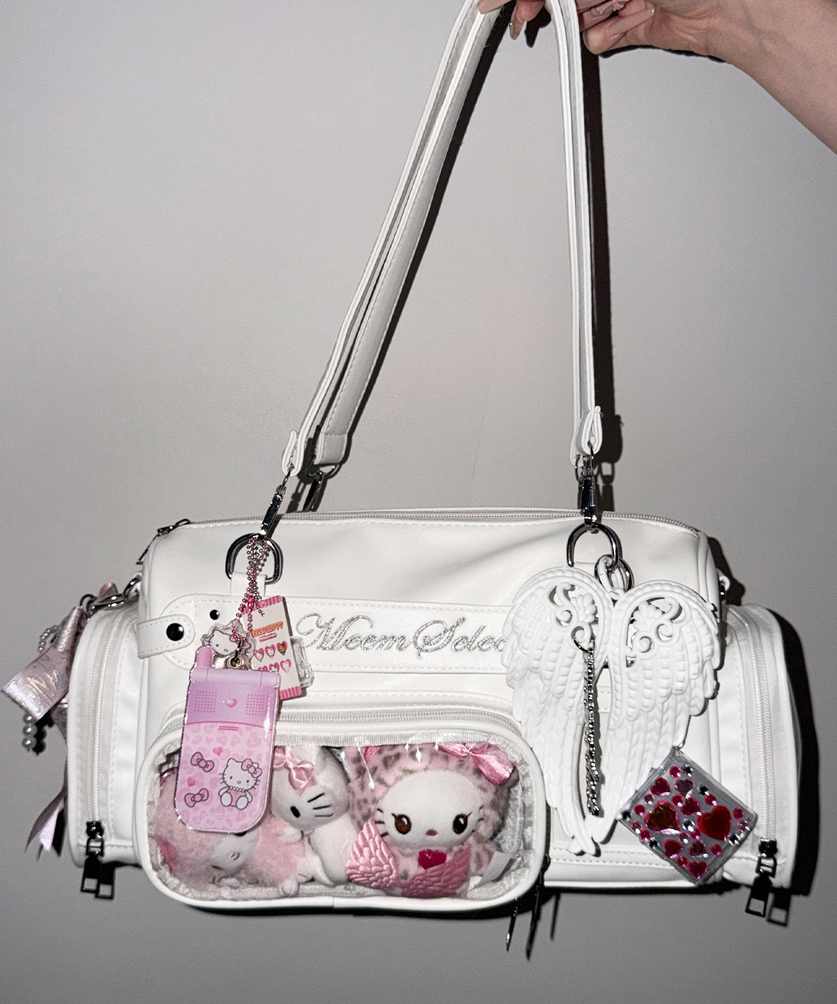 クリアポケット付きレタリング刺繍ショルダーバッグ ／ clear pocket lettering embroidery shoulder bag