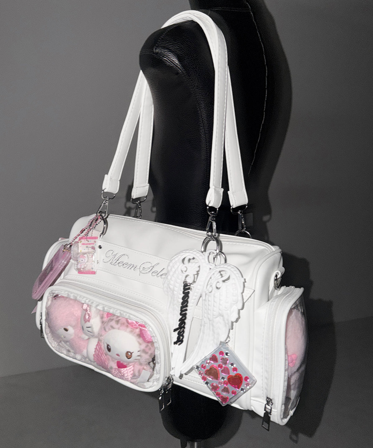クリアポケット付きレタリング刺繍ショルダーバッグ ／ clear pocket lettering embroidery shoulder bag