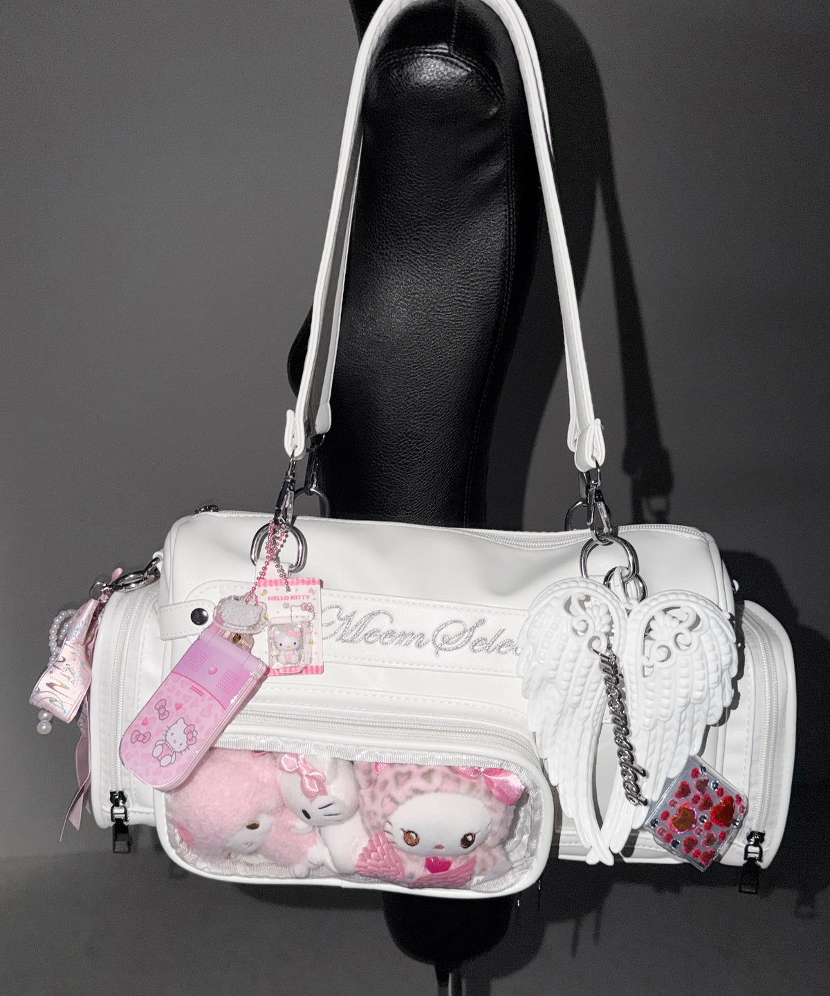 クリアポケット付きレタリング刺繍ショルダーバッグ ／ clear pocket lettering embroidery shoulder bag