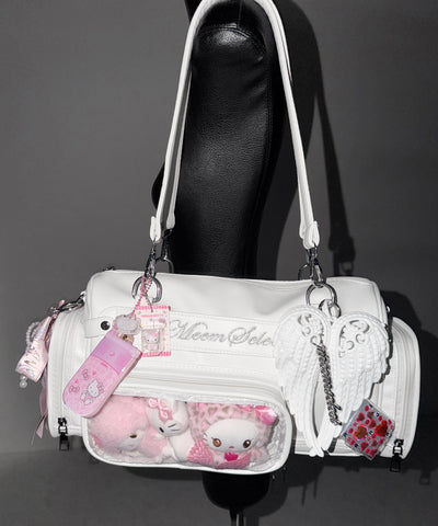 クリアポケット付きレタリング刺繍ショルダーバッグ ／ clear pocket lettering embroidery shoulder bag
