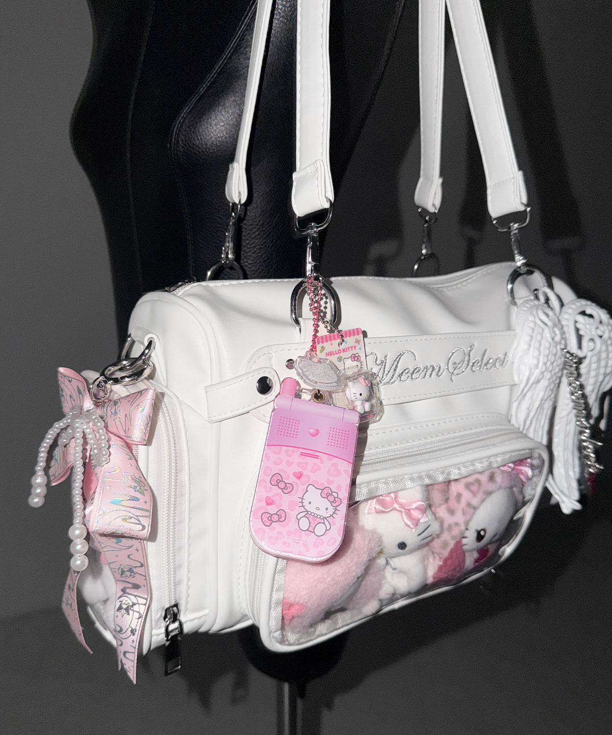 クリアポケット付きレタリング刺繍ショルダーバッグ ／ clear pocket lettering embroidery shoulder bag