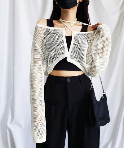 【 ２WAY／６color 】華奢リボンメッシュワイドショートカーディガン