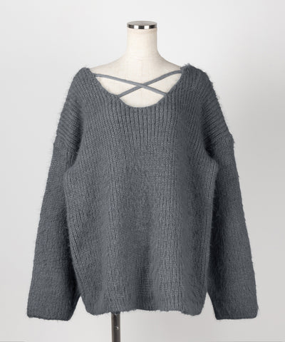 【 ５color 】クロスストラップカットアウトルーズシャギーニット