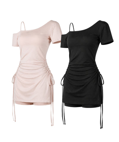 【 セットアップ 】ダブルシャーリングリボンワンショルミニワンピ＋ショートパンツ SET ／ 【 SETUP 】double shirring ribbon one-Shoulder mini onepiece + short pants SET