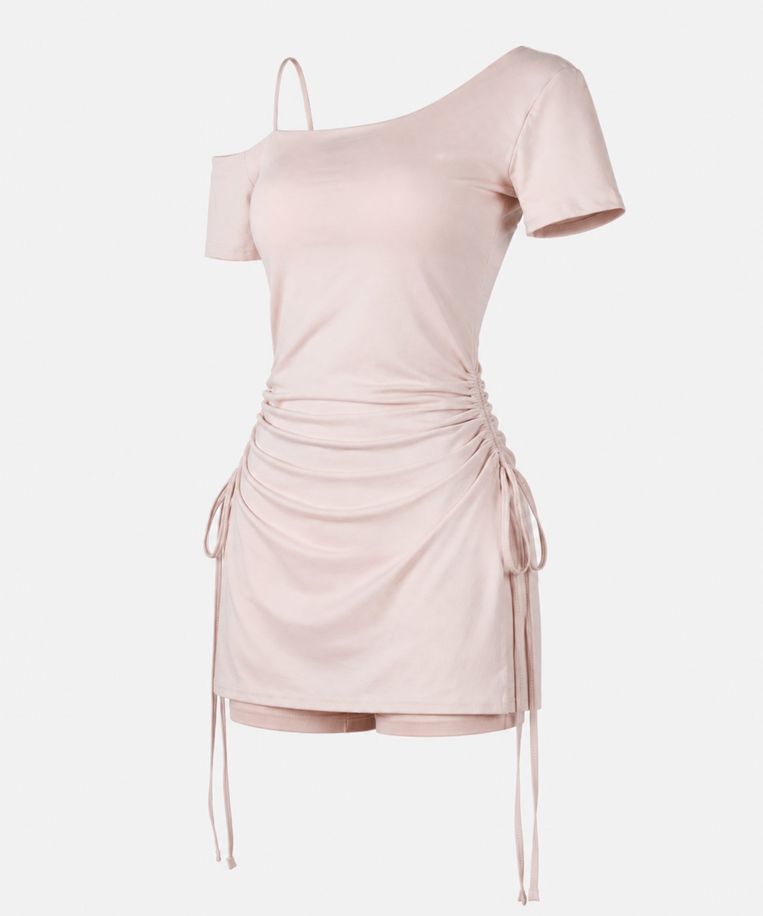 【 セットアップ 】ダブルシャーリングリボンワンショルミニワンピ＋ショートパンツ SET ／ 【 SETUP 】double shirring ribbon one-Shoulder mini onepiece + short pants SET