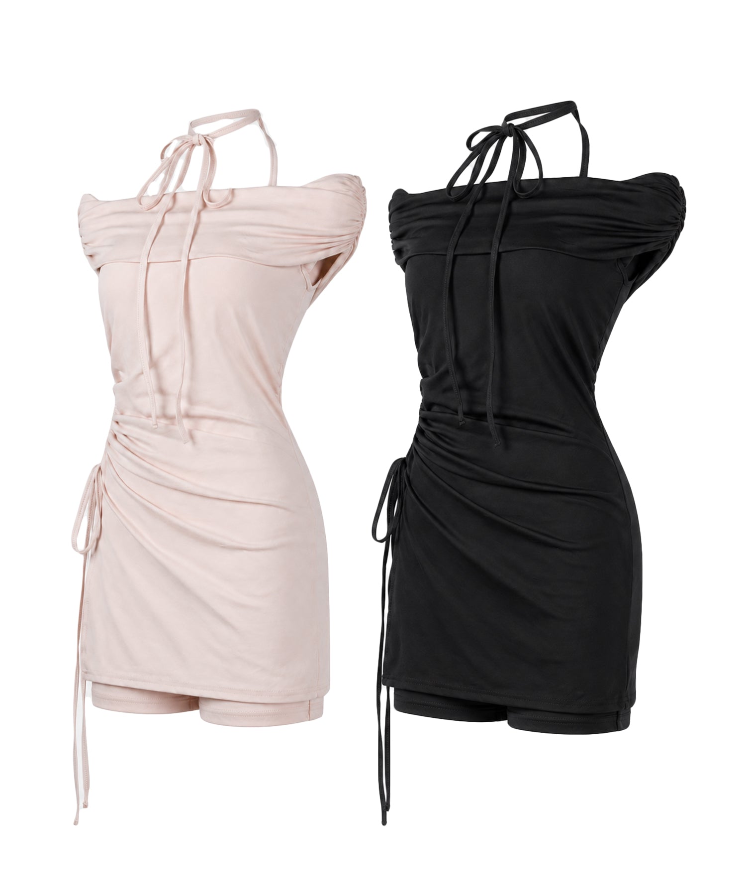 【 セットアップ 】ネックリボンストラップオフショルミニワンピ ＋ショートパンツ ／ neck ribbon strap off shoulder mini onepiece + short pants SET