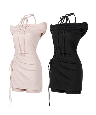 【 セットアップ 】ネックリボンストラップオフショルミニワンピ ＋ショートパンツ ／ neck ribbon strap off shoulder mini onepiece + short pants SET