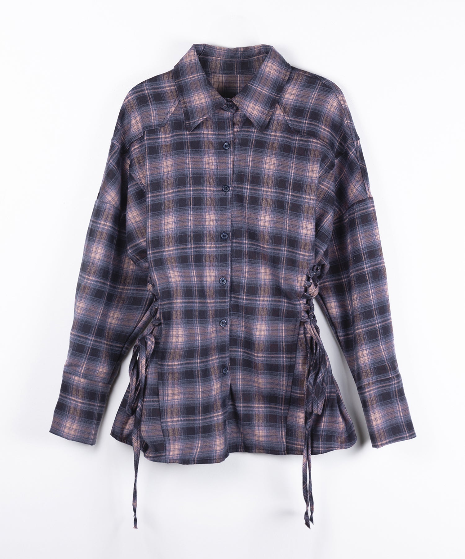 レースアップリボンスリムラインチェックネルシャツ ／ lace up ribbon slim line check flannel shirt