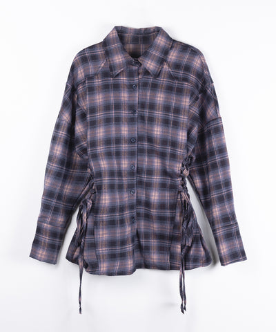 レースアップリボンスリムラインチェックネルシャツ ／ lace up ribbon slim line check flannel shirt