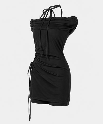 【 セットアップ 】ネックリボンストラップオフショルミニワンピ ＋ショートパンツ ／ neck ribbon strap off shoulder mini onepiece + short pants SET