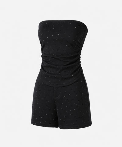 【 セットアップ 】ラインストーンベアトップ＋ハイウエストショートパンツ SET ／ 【 SETUP 】Rhinestone bare tops ＋ high waist short pants SET