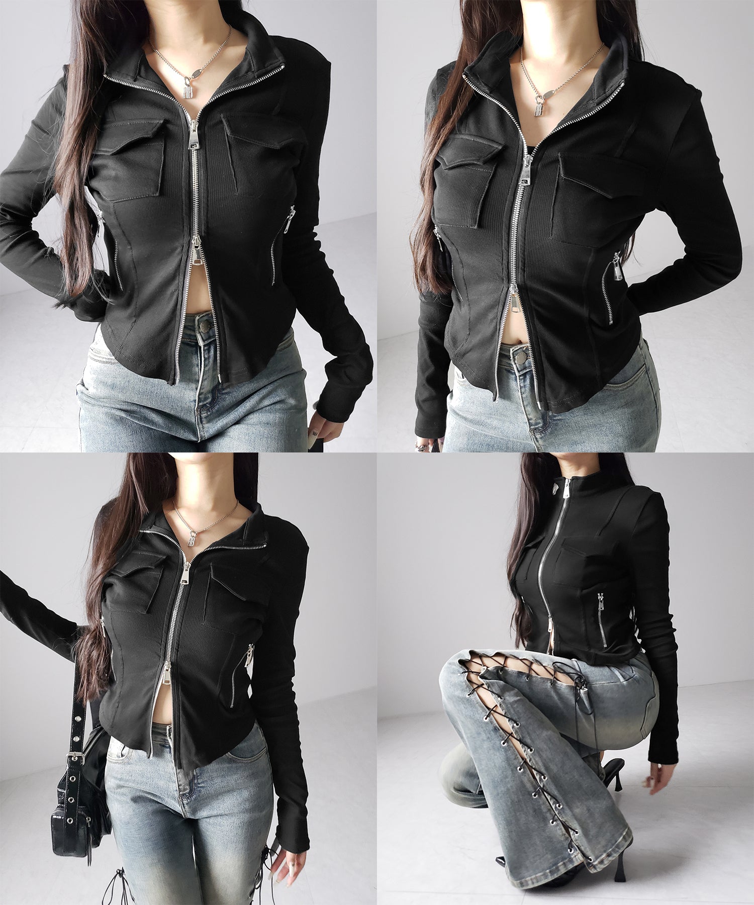 アウトポケットダブルジップスリムリブトップス ／ out pocket double zip slim ribbed tops