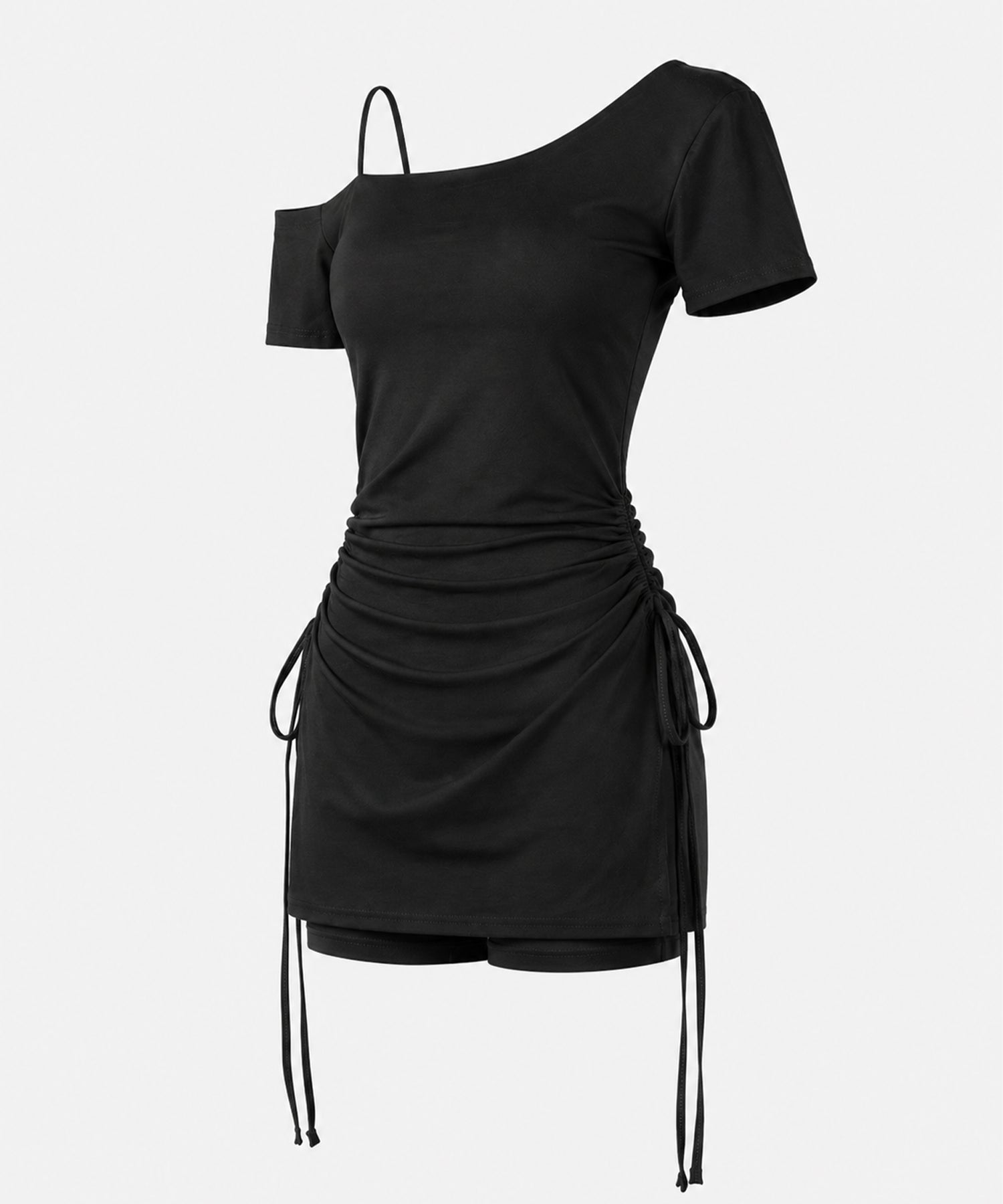 【 セットアップ 】ダブルシャーリングリボンワンショルミニワンピ＋ショートパンツ SET ／ 【 SETUP 】double shirring ribbon one-Shoulder mini onepiece + short pants SET