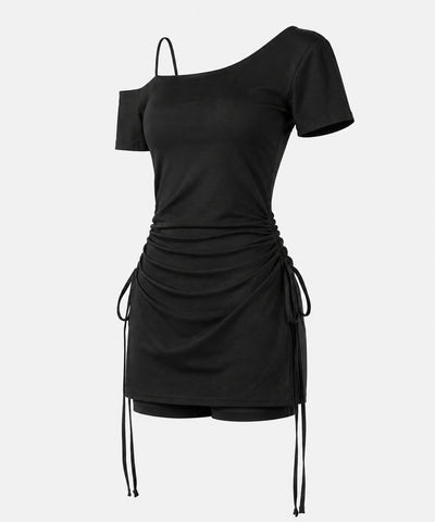 【 セットアップ 】ダブルシャーリングリボンワンショルミニワンピ＋ショートパンツ SET ／ 【 SETUP 】double shirring ribbon one-Shoulder mini onepiece + short pants SET