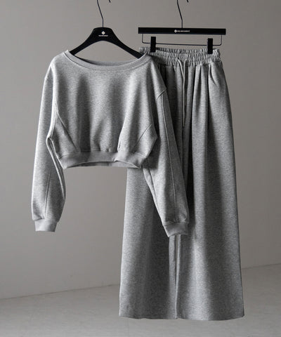 【 セットアップ 】ワンショルダーショートスウェットトップス ＋ タックワイドパンツ SET ／ off shoulder short sweat tops & tack wide pants SET