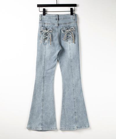 【４size 】バックリボンレースアップ美脚ストレッチフレアデニム ／ back ribbon lace up slim leg stretch flare denim