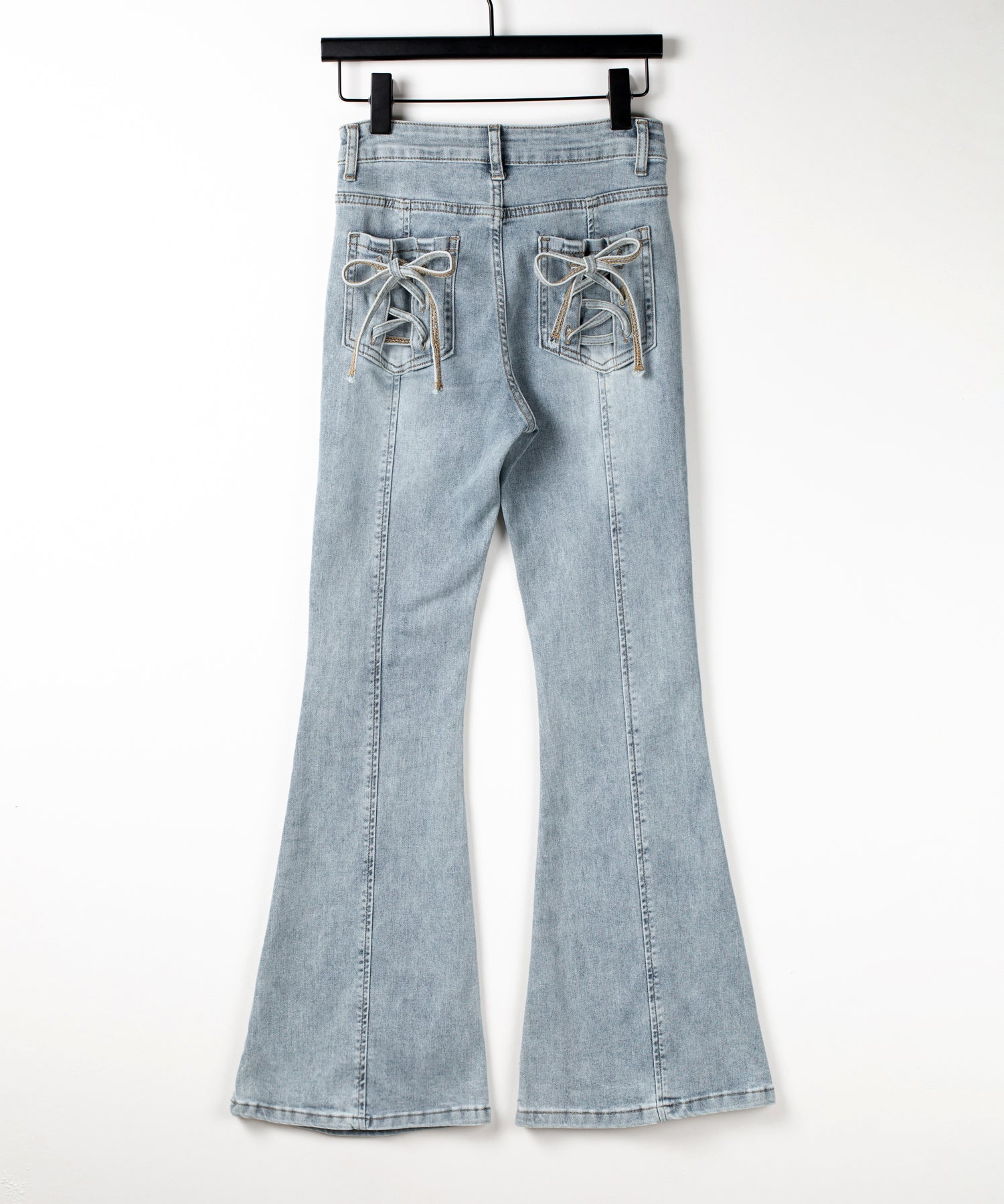 【４size 】バックリボンレースアップ美脚ストレッチフレアデニム ／ back ribbon lace up slim leg stretch flare denim